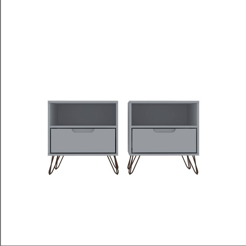 Set of 2 Rockefeller 1 Drawer Nightstands White - Manhattan Comfort: Mid-century Design, Metal Legs, Open Shelf