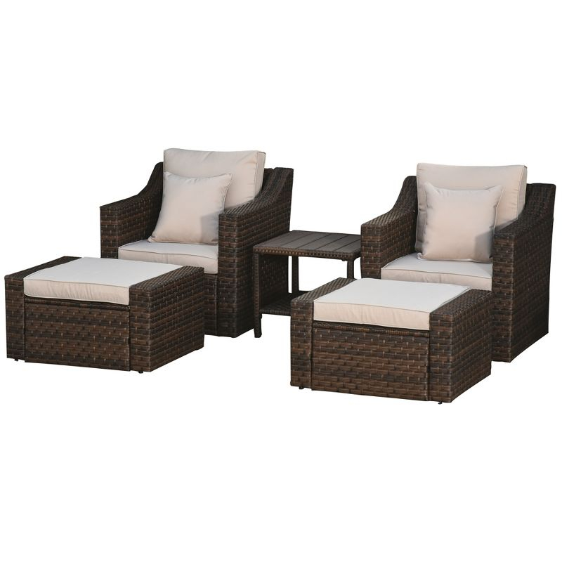 Outsunny 5 Piece Patio Furniture Set, All Weather PE Rattan Conversation Chair & Ottoman Set w/ Table, Cushions & Pillows Included, Beige