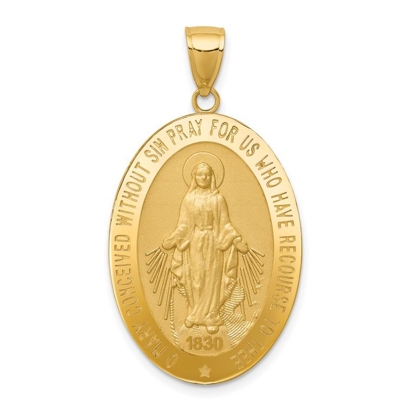 Black Bow Jewelry 14k Yellow Gold, Solid Oval Miraculous Medal Pendant, 20 x 38mm