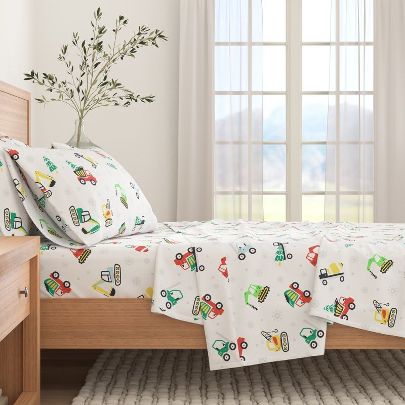 100% Cotton Christmas Flannel Sheets - Great Bay Home (Twin, Christmas Toy Trucks)