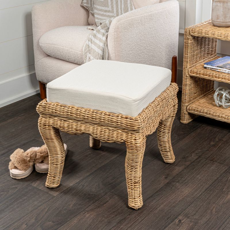 JONATHAN Y Rowan 19.7" Bohemian Designer Woven Rattan/Wood Vanity Stool, White Cushion with Natural Frame
