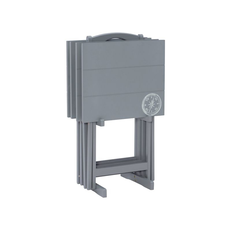 Linon 4pc 26.4" Compass Finish Plank Tray Tables with Storage Rack Dark Gray