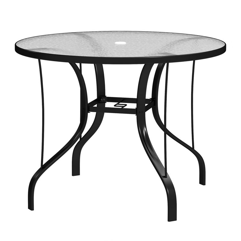 Outsunny 38" Round Patio Table, Outdoor Dining Table Tempered Glass Metal Frame Bistro Table with Umbrella Hole, for Deck, Yard, Balcony, Lawn, Pool