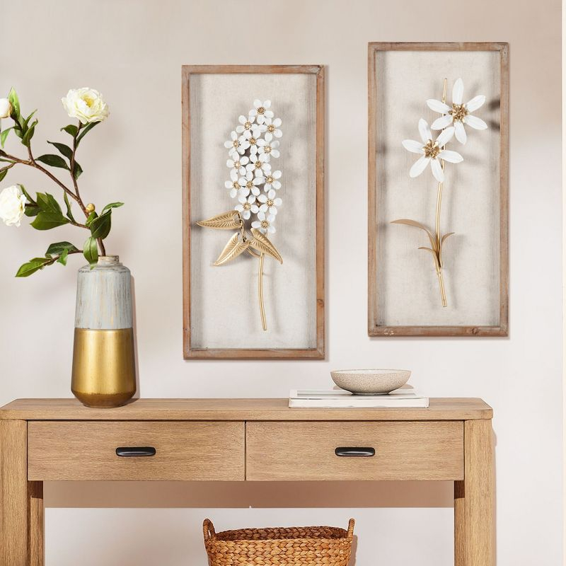 LuxenHome Set of 2 White and Gold Flower Bouquet Wall Decor Brown