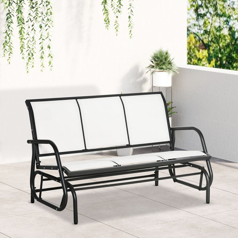 Outsunny Patio Glider Bench, Outdoor Porch Glider Swing with 3 Seats, Breathable Mesh Fabric, Metal Frame, Cream White