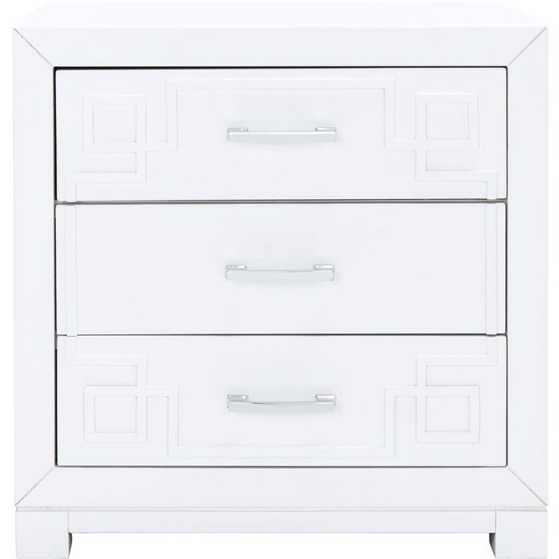 Raina 3 Drawer Greek Key Nightstand - FOX6278 - White/Silver - Safavieh Couture