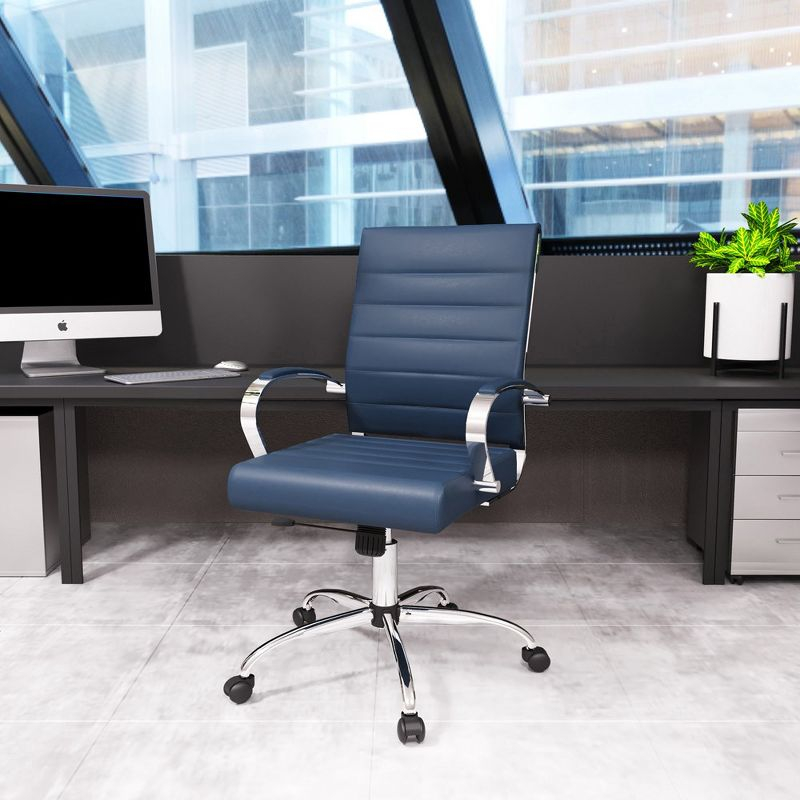 LeisureMod Benmar Mid-Back Office Conference Chair Upholstered in Leather with Swivel and Tilt in Navy Blue