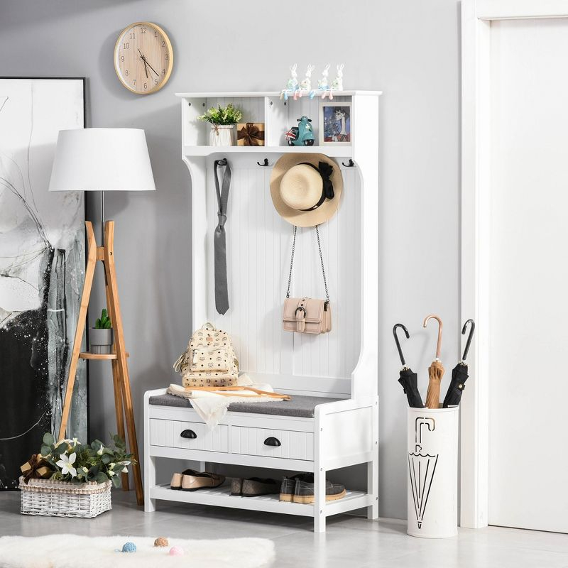 HOMCOM Coat Rack and Bench Hall Tree Organizer with 4 Hooks, 2 Drawers with Padded Seat Cushions for Entryway, White
