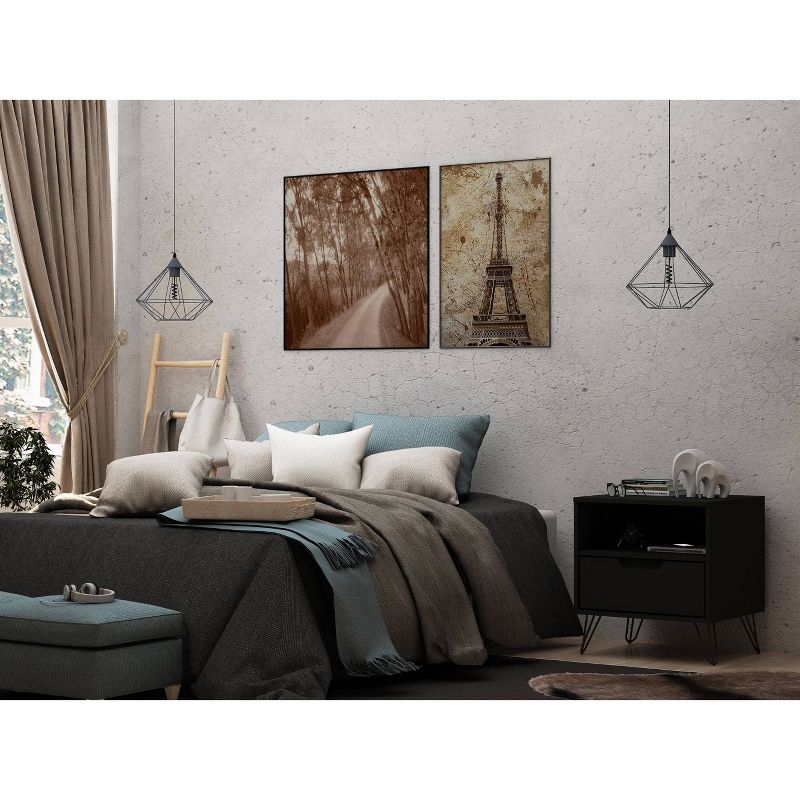 1.0 Rockefeller Nightstand Black - Manhattan Comfort: Modern End Table with Storage Shelf & Metal Legs