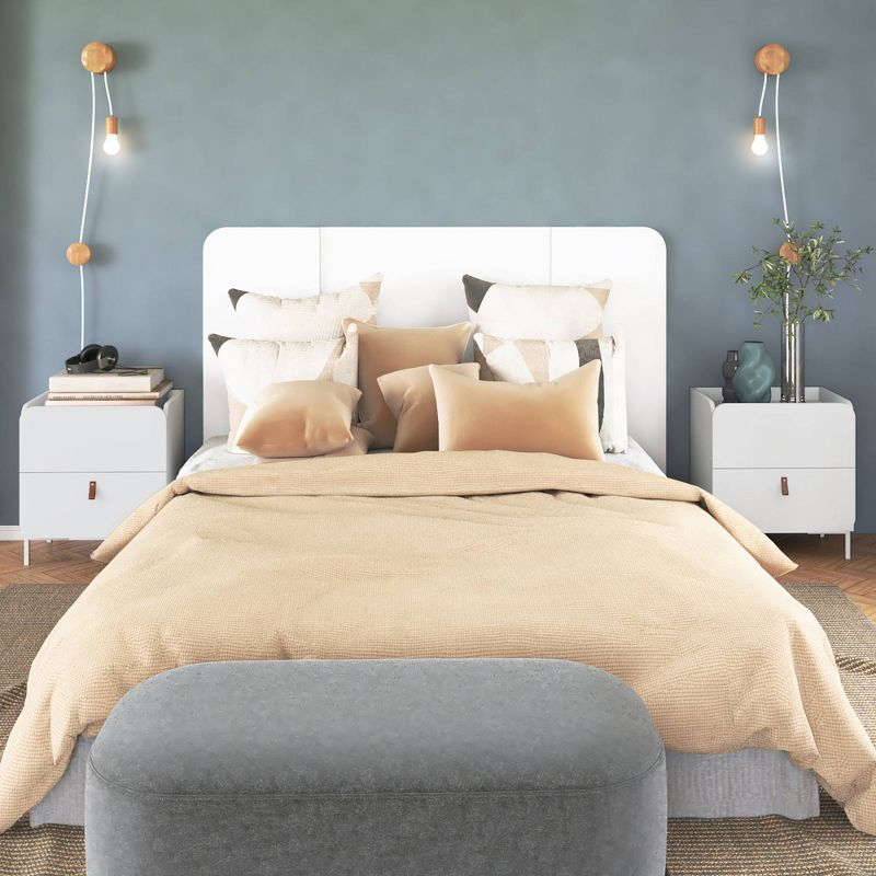 Manhattan Comfort Set of 2 Bogardus Mid Century Modern Nightstands White: Rounded Drawer, Leather Pull, Particle Board