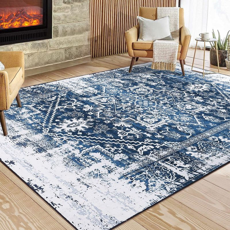 Area Rug Oriental Vintage Distressed Rug for Living Room Bedroom, 9' x 12' Blue