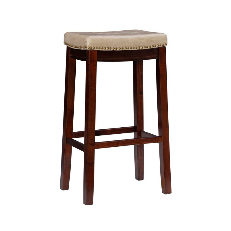 Linon Claridge Backless Faux Leather Nailhead Saddle Barstool Beige : Upholstered, Rubberwood Legs, Fixed Height