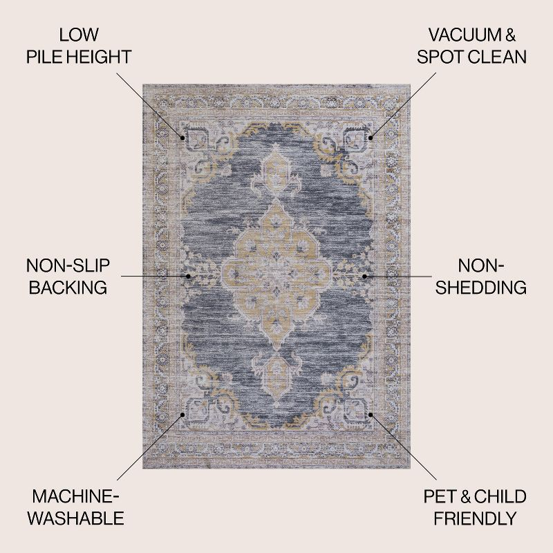 Wincer Chenille Cottage Medallion Machine-Washable Dark Gray/Yellow 3 ft. x 5 ft. Area Rug - JONATHAN Y