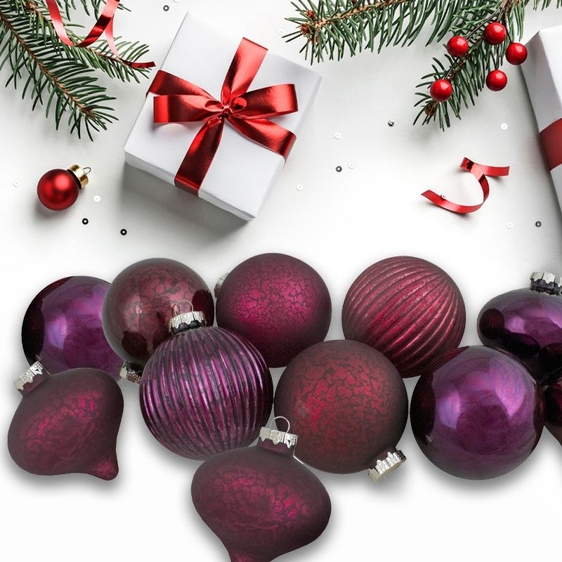 Northlight Finial and Glass Ball Christmas Ornaments - Burgundy and Purple - Set of 9