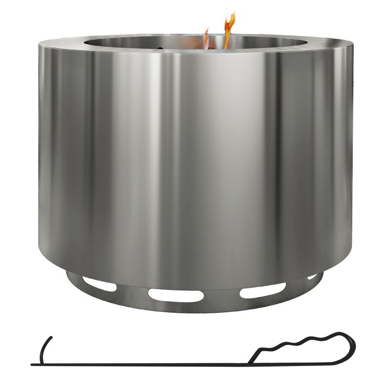 Outsunny Smokeless Fire Pit, 19" Wood Burning Firepit with Poker, Stainless Steel, Silver