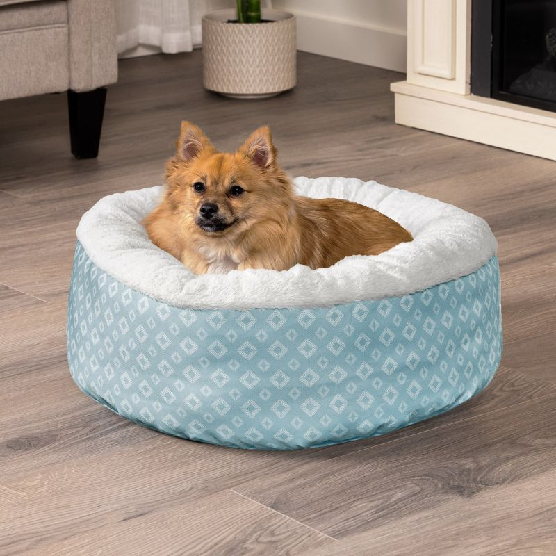 FurHaven Plush & Diamond Print Calming Donut Pet Bed for Dogs & Cats - Small, Aqua