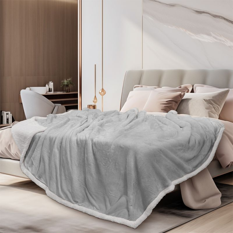 PAVILIA Premium Faux Shearling Fleece Throw Blanket for Bed, Reversible Warm Blanket for Couch Sofa, Light Gray/Throw - 50x60