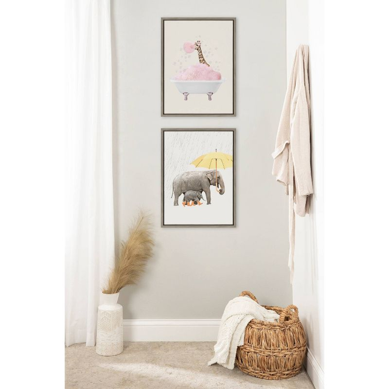 Kate & Laurel All Things Decor 18"x24" Sylvie Giraffe Taking a Bath Framed Canvas Wall Art by July Art Prints Gray Zoo Animal Bath