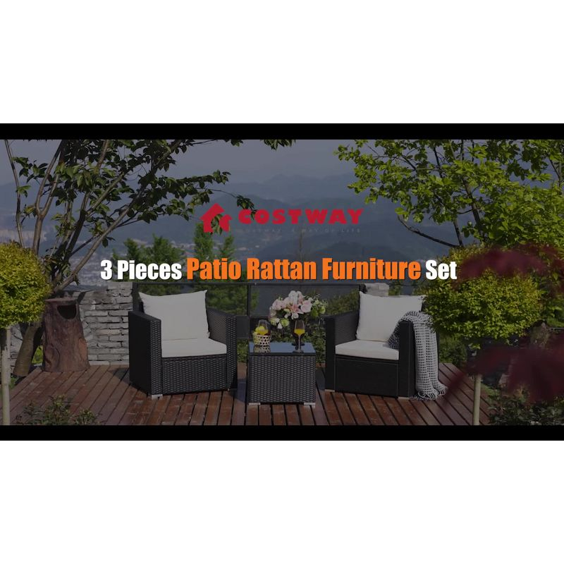 Costway 3PCS Patio Rattan Wicker Furniture Set Sofa Table W/Cushion Yard Red