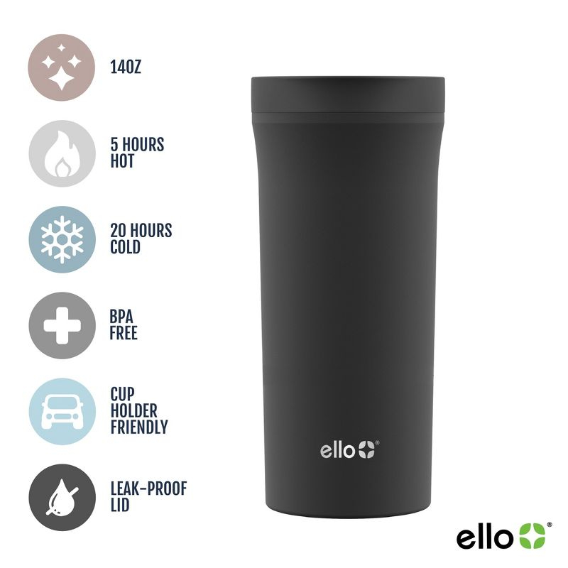 Arabica 18oz Stainless Steel Travel Mug Black - Ello: Double-Wall Coffee Tumbler, Hand Wash, Dishwasher-Safe Parts