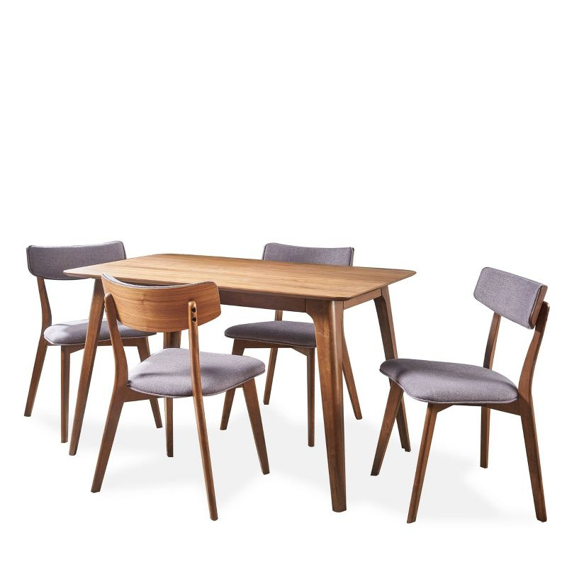 5pc Megann Mid Century Wood Dining Set Walnut/Dark Gray - Christopher Knight Home: Upholstered Chairs, Seats 4