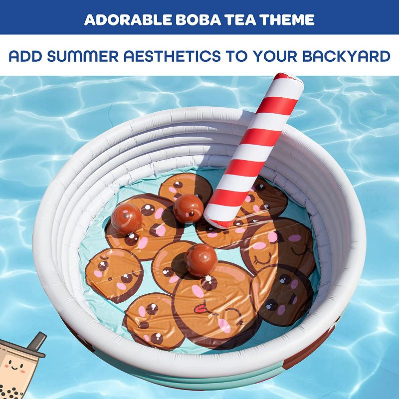 Inflatable 67 x 26 Large Kiddie Pool- Kawaii Inspired Kid's Pool w Mini Boba Beach Balls & Pool Noodle Straw - Family Sized For Summer Fun!
