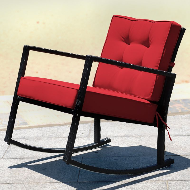 Costway 2PCS Patio Rattan Rocker Chair Outdoor Glider Wicker Rocking Chair Cushion Red