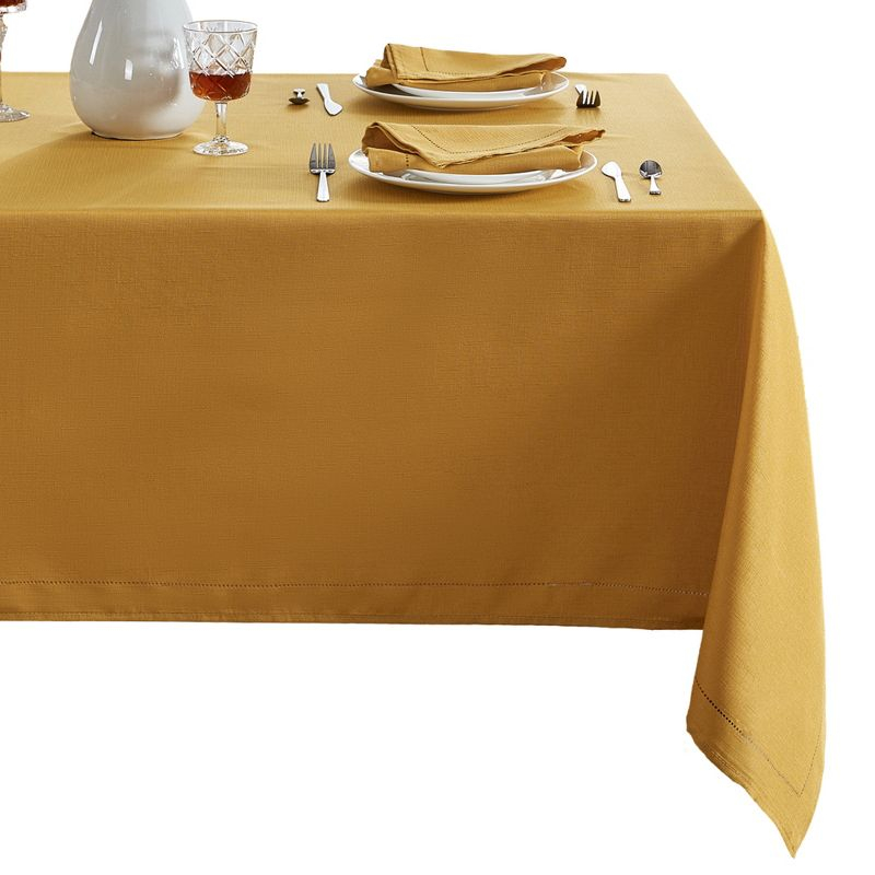 Alison Eyelet Punched Border Fabric Tablecloth - 52" x 52" Square - Golden Yellow - Elrene Home Fashions