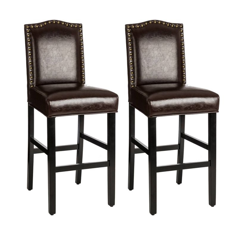 Glitzhome Set of 2 Leatherette PU Barstools with Studded Decor Coffee Brown: Upholstered High Back, Kitchen Counter Height
