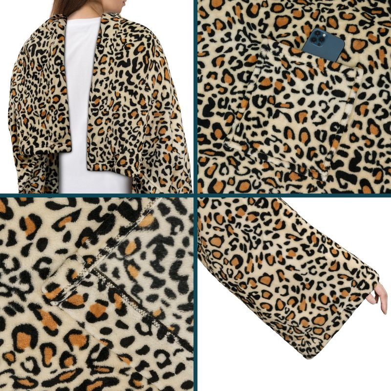 PAVILIA Fleece Wearable Blanket with Sleeves, Warm Cozy Soft Functional Lightweight Sleeved Throw Adults Men Women, Cheetah/Regular Pocket