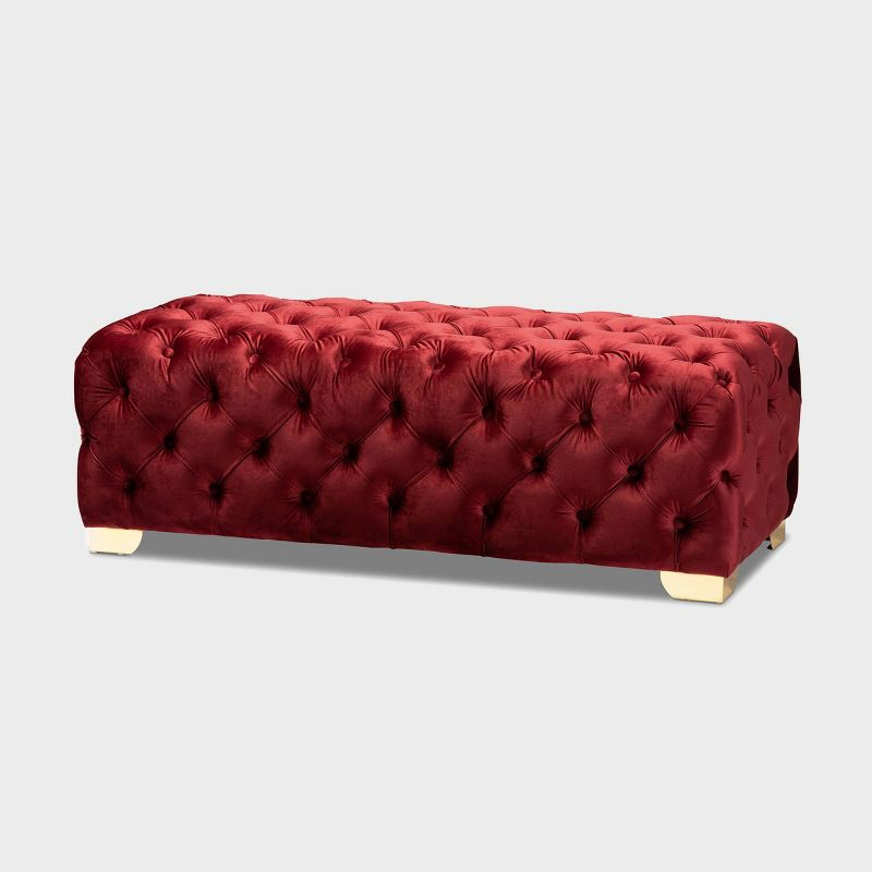 Avara Velvet Button Tufted Bench Ottoman Red - Baxton Studio: Gold Legs, Plywood Frame, Luxurious Bedroom Furniture