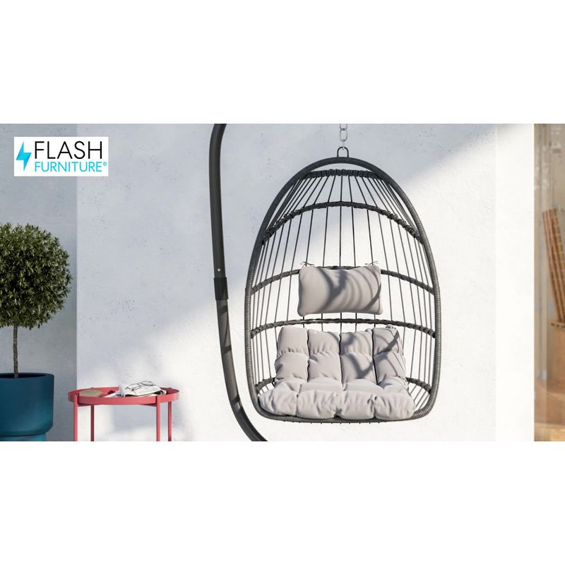 Flash Furniture Cleo Patio Hanging Egg Chair, Wicker Hammock with Soft Seat Cushions & Swing Stand, Indoor/Outdoor Gray Frame-Gray Cushions