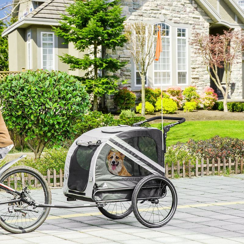 Aosom Dog Bike Trailer 2-in-1 Pet Stroller Cart Bicycle Wagon Cargo Carrier Attachment for Travel with 4 Wheels Reflectors Flag gray