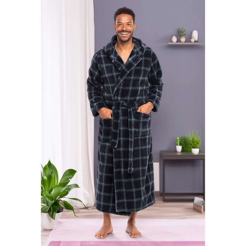 ADR Mens Robe, Plush Fleece Hooded Bathrobe Men, Men's Bathrobes, Big and Tall Bath Robe for Men Blue and Green Tartan Plaid 2XL