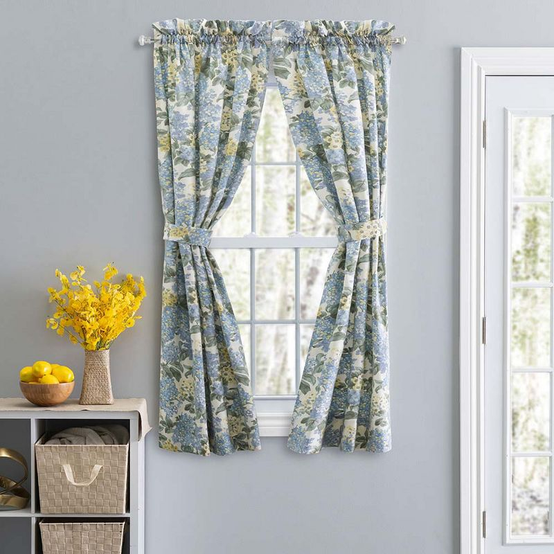 Ellis Hydrangea Classic Pattern Printed 1.5" Rod Pocket Window Tailored Pair with Ties 68"x54" Blue