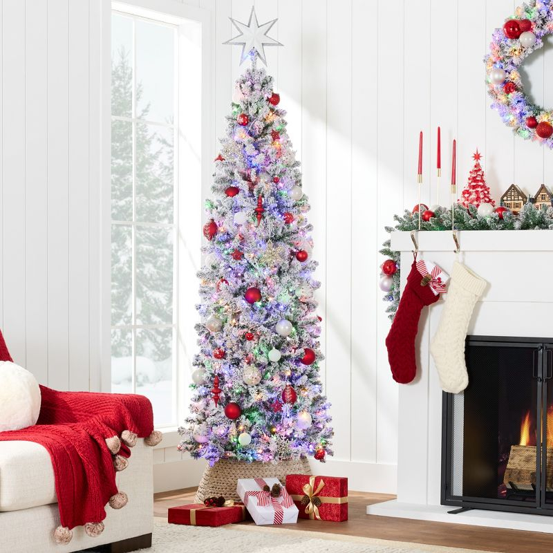 Best Choice Products 4.5ft Prelit Artificial Snow Flocked Pencil Christmas Tree 150 Multicolored/ Warm-White Light Modes
