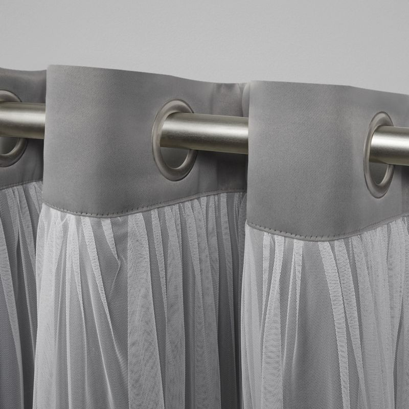Exclusive Home Catarina Layered Solid Room Darkening Blackout and Sheer Grommet Top Curtain Panel Pair, 52"x84", Soft Grey