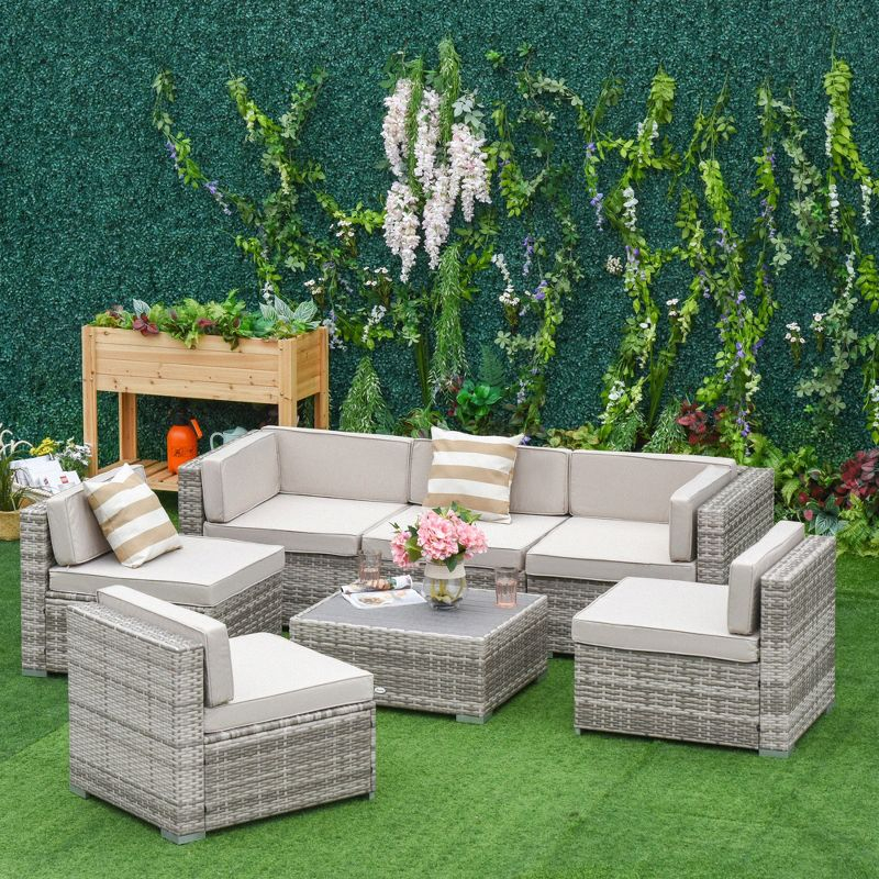 Outsunny 7-Piece Patio Furniture Set, Outdoor Wicker Conversation Set, All Weather PE Rattan Sectional Sofa w/ Faux Wood Table, Stripe Pillows, Beige