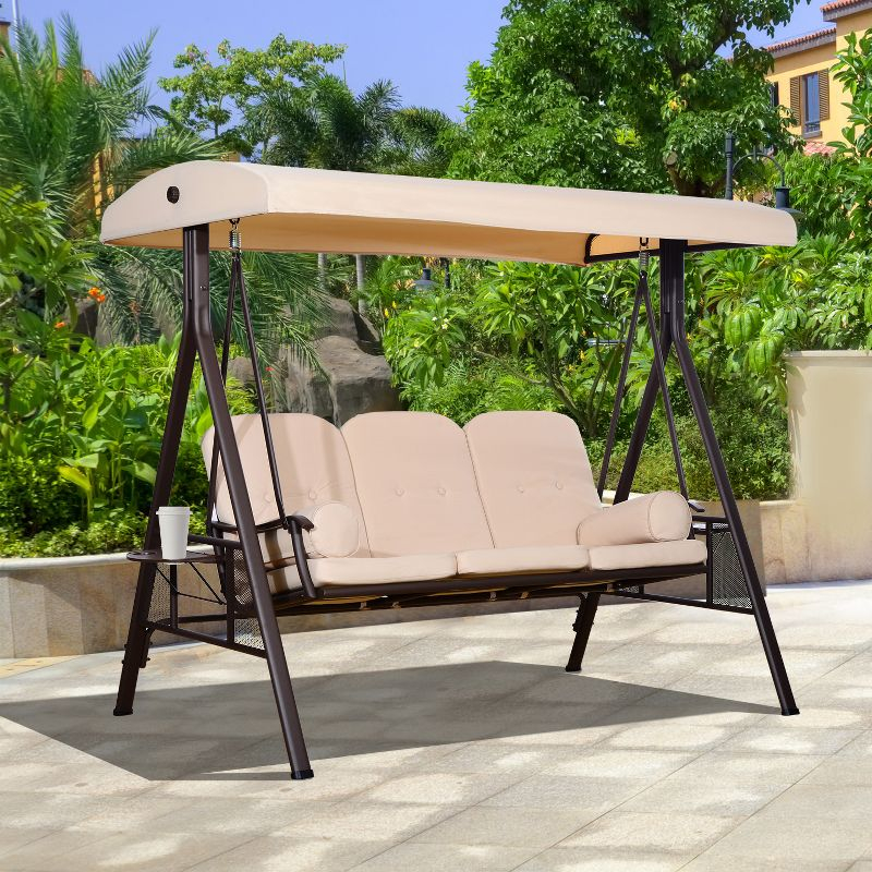 Outsunny 3-Seat Outdoor Patio Swing with Adjustable Tilt Canopy, Cushions, Pillow, Steel Frame, Side Tray, Cup Holder, Beige