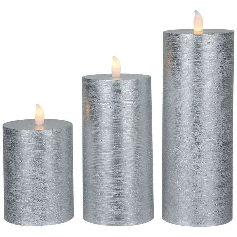 Northlight Flameless Flickering LED Wax Pillar Candles - 8" - Brushed Silver - Set of 3
