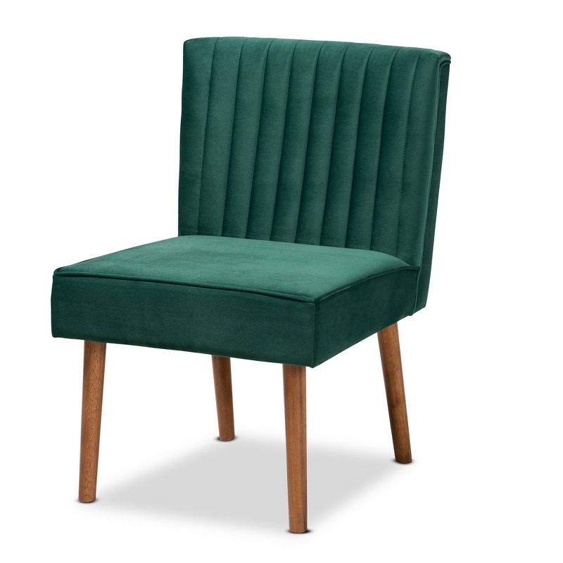 Alvis Velvet Upholstered and Wood Dining Chair Emerald Green/Walnut - Baxton Studio: Channel Tufted, Angled Legs