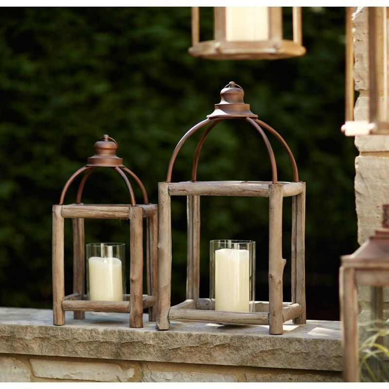 Rustic Wood Log and Antique Metal Lantern with Glass Hurricane (Set of 2)