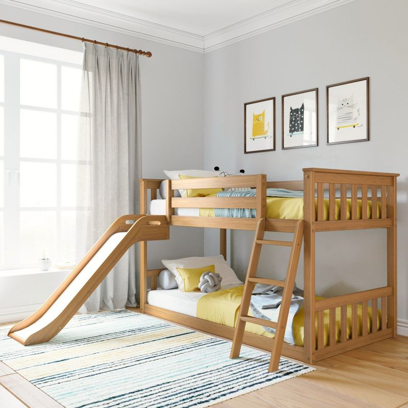 Max & Lily Twin Over Twin Low Bunk Bed with Slide, Solid Wood Kids Platform Bed with 14” Guardrails, Pecan