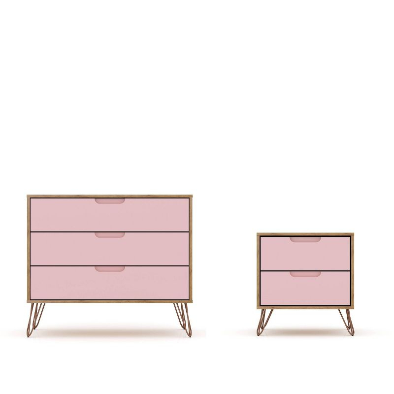 Rockefeller Dresser and Nightstand Set Pink - Manhattan Comfort: MDF Composite, 5-Drawer Storage