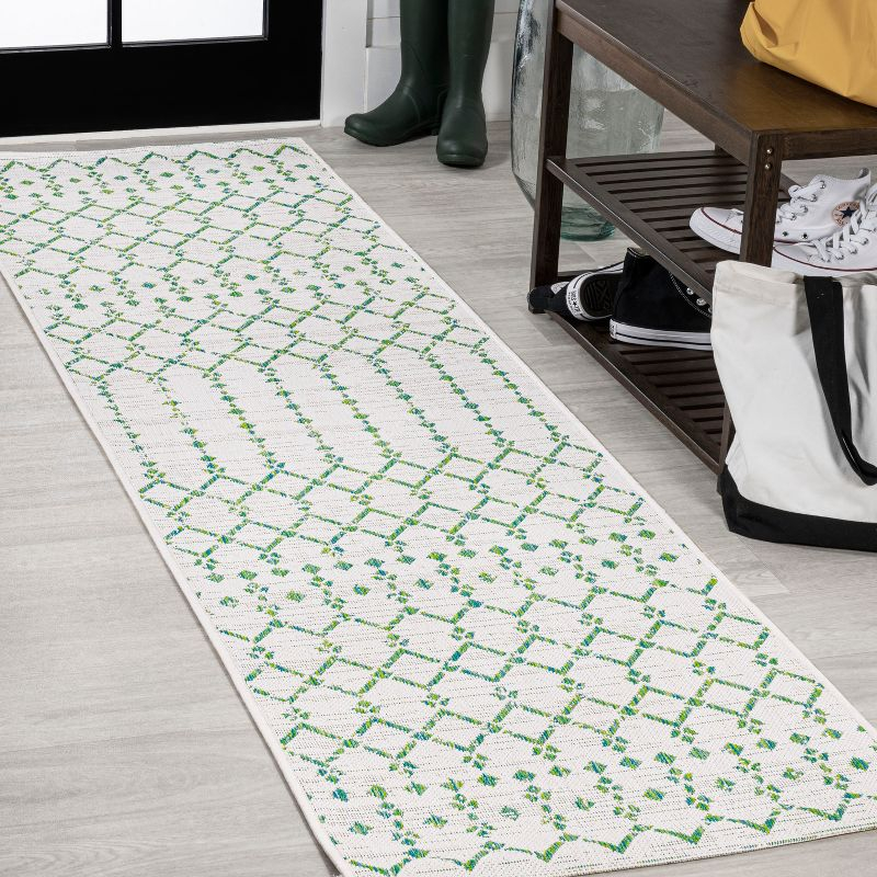 2' x 10' Ourika Moroccan Geometric Textured Weave Indoor/Outdoor Runner Rug, Green/Ivory - JONATHAN Y