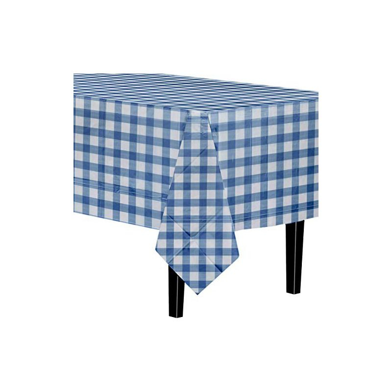 Crown Display Premium Plastic Blue Gingham Tablecloth 54 Inch. x 108 Inch.