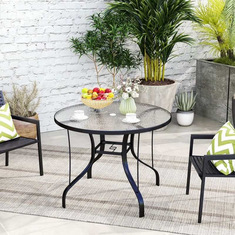 Outsunny 38" Round Patio Table, Outdoor Dining Table Tempered Glass Metal Frame Bistro Table with Umbrella Hole, for Deck, Yard, Balcony, Lawn, Pool
