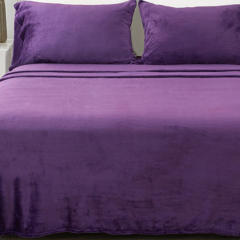 Solid Velvet Plush Fleece Sheet Set - Great Bay Home (King, Purple)