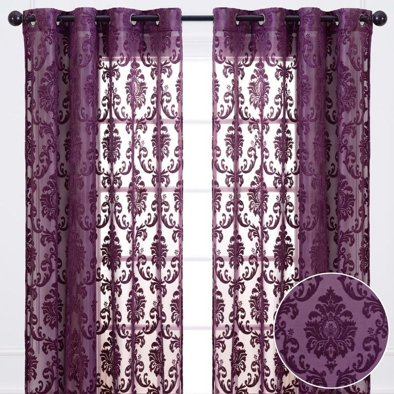 Chanasya 2pk Devore Damask Sheer Grommet Window Curtain Panels - Set of 2 - 52 x 108 Inches Long - Aubergine
