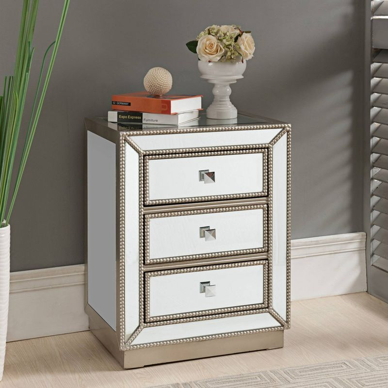 Coast to Coast Accents Elsinore Modern Wood Rectangular Accent Table 20" x 15" with 3-Drawer Silver Mirrored for Living Room Bedroom Bedside Entryway